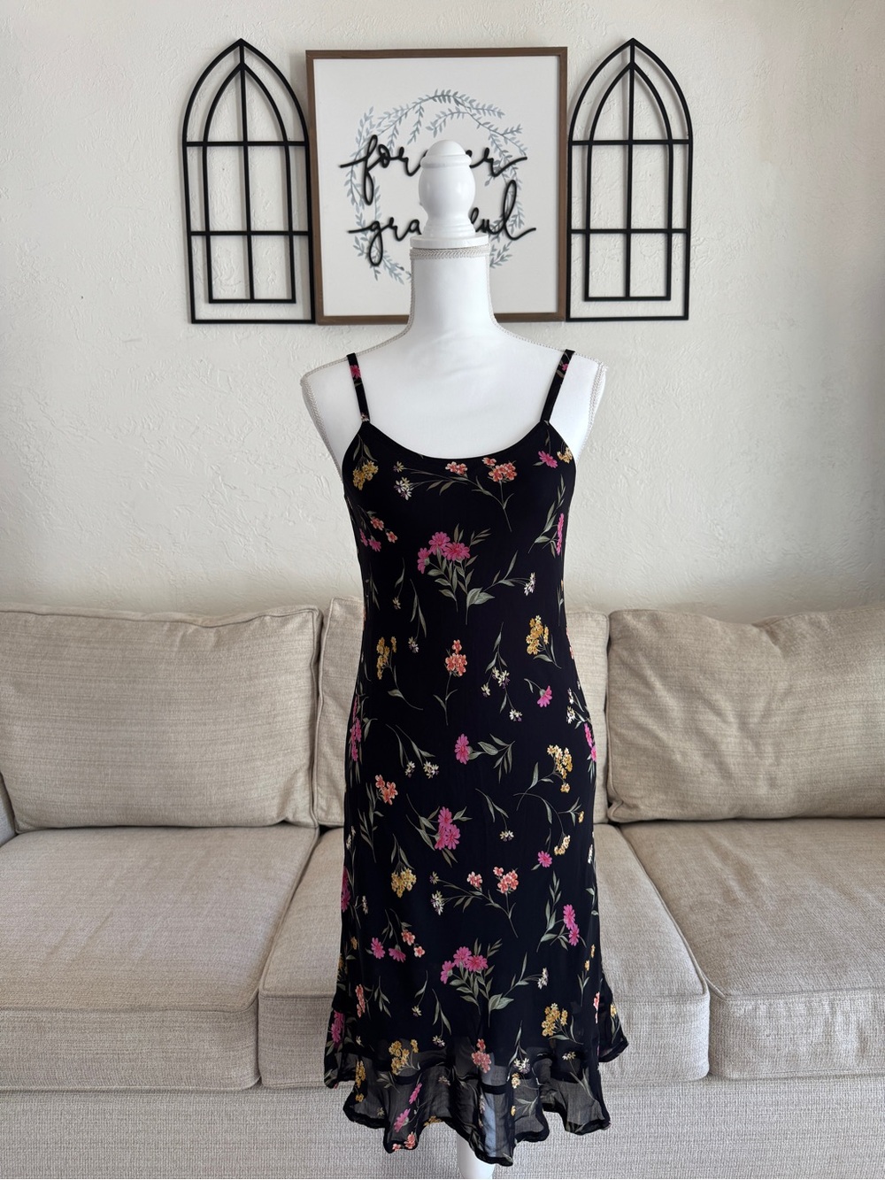 Y2K Salaam Floral Slip Dress Fairycore Midi Dress Black Mesh Hem Cami Dress 90s